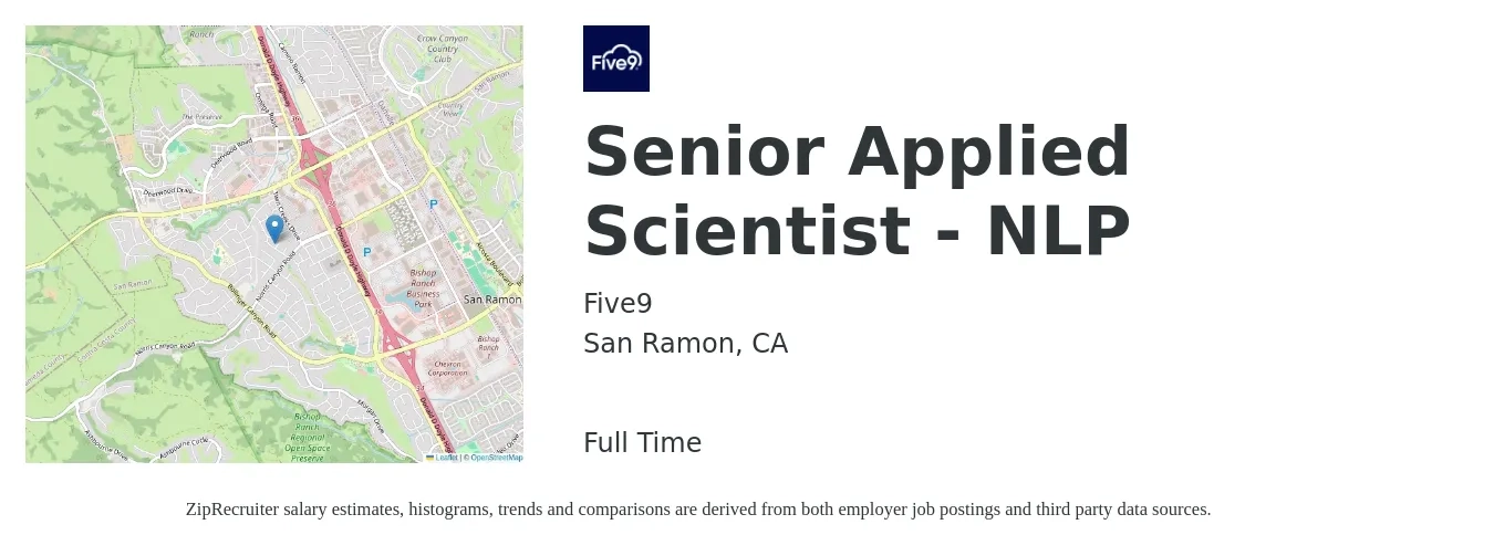 Five9 job posting for a Senior Applied Scientist - NLP in San Ramon, CA with a salary of $132,400 to $186,100 Yearly with a map of San Ramon location.