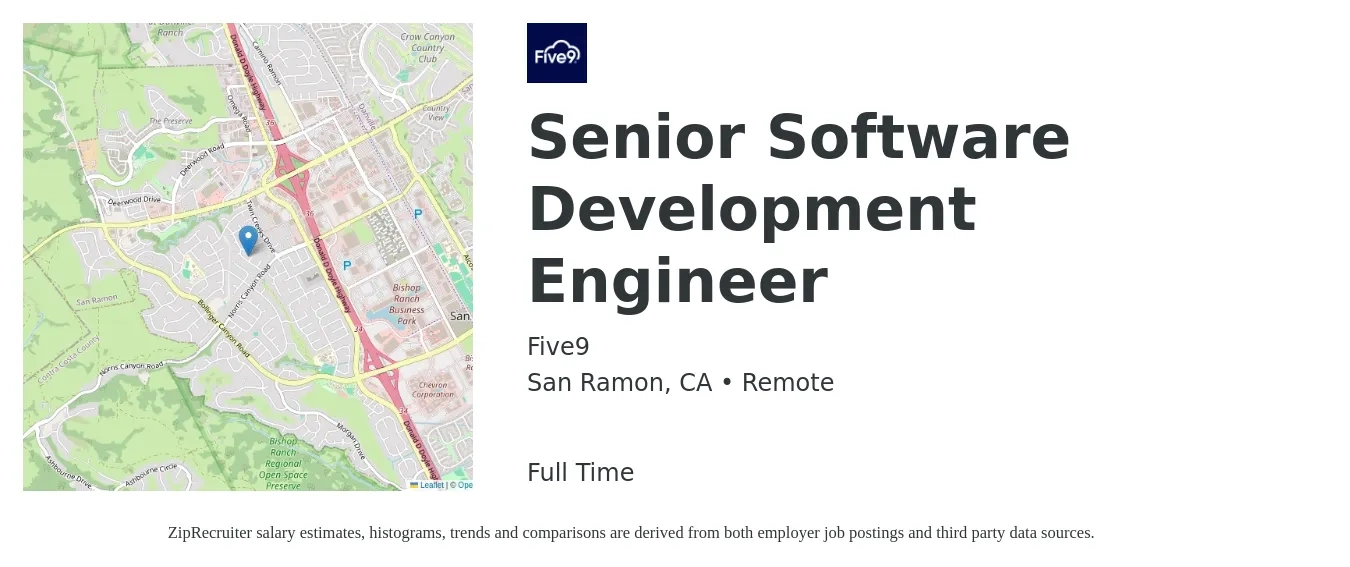 Five9 job posting for a Senior Software Development Engineer in San Ramon, CA with a salary of $136,900 to $180,500 Yearly with a map of San Ramon location.