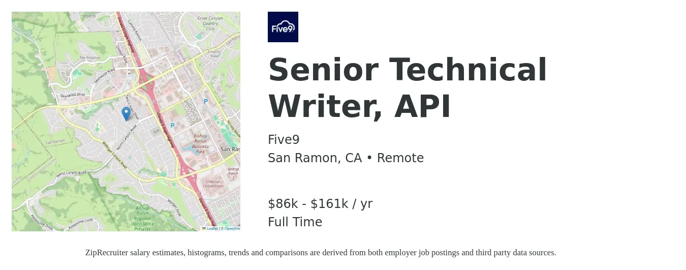 Five9 job posting for a Senior Technical Writer, API in San Ramon, CA with a salary of $86,500 to $161,900 Yearly with a map of San Ramon location.