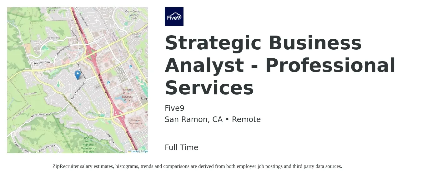 Five9 job posting for a Strategic Business Analyst - Professional Services in San Ramon, CA with a salary of $41 to $69 Hourly with a map of San Ramon location.