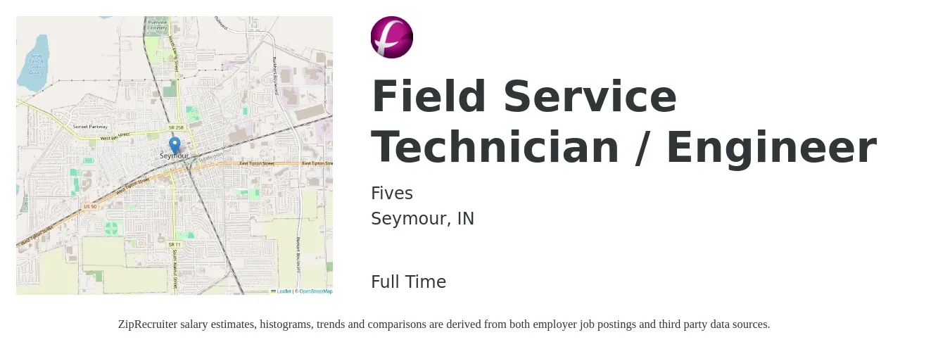 Fives job posting for a Field Service Technician / Engineer in Seymour, IN with a salary of $49,600 to $73,500 Yearly with a map of Seymour location.