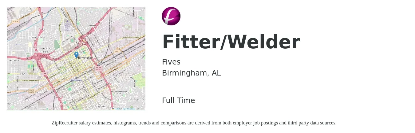 Fives job posting for a Fitter/Welder in Birmingham, AL with a salary of $20 to $25 Hourly with a map of Birmingham location.
