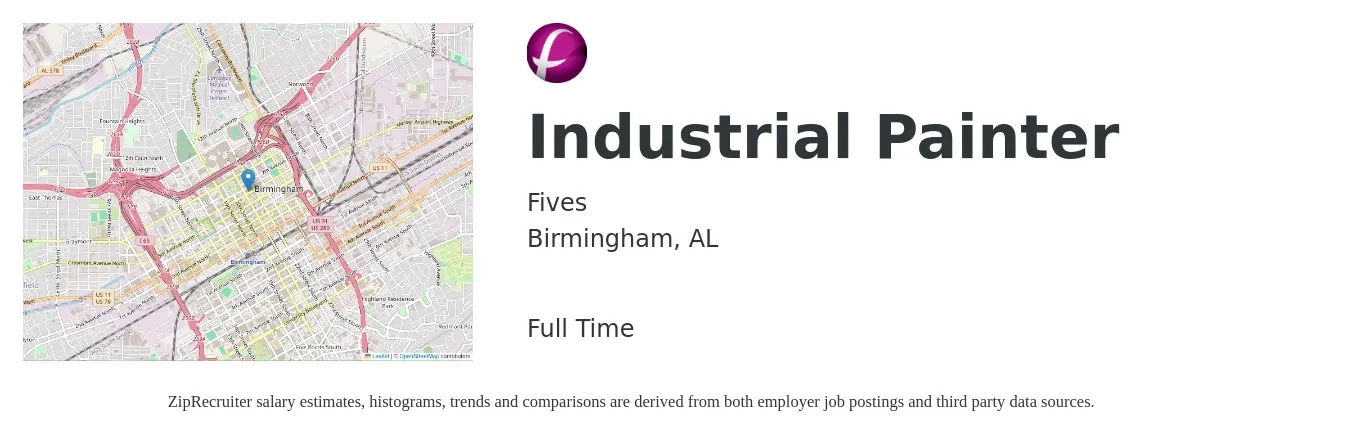 Fives job posting for a Industrial Painter in Birmingham, AL with a salary of $17 to $23 Hourly with a map of Birmingham location.