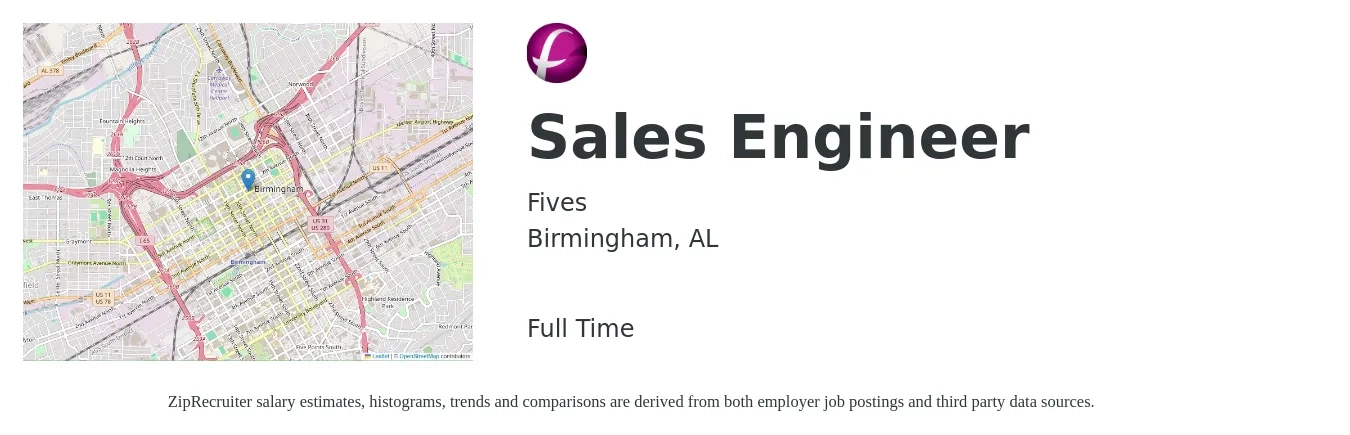Fives job posting for a Sales Engineer in Birmingham, AL with a salary of $70,300 to $105,400 Yearly with a map of Birmingham location.