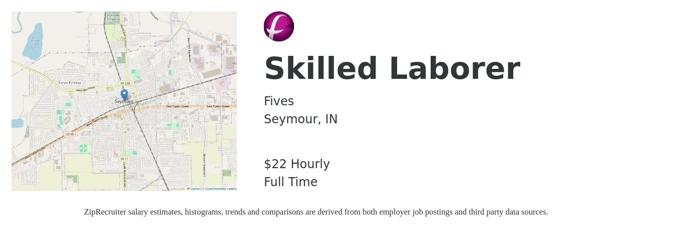 Fives job posting for a Skilled Laborer in Seymour, IN with a salary of $14 to $19 Hourly with a map of Seymour location.