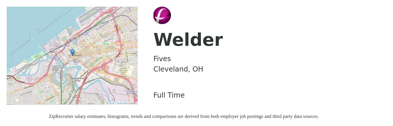Fives job posting for a Welder in Cleveland, OH with a salary of $19 to $25 Hourly with a map of Cleveland location.