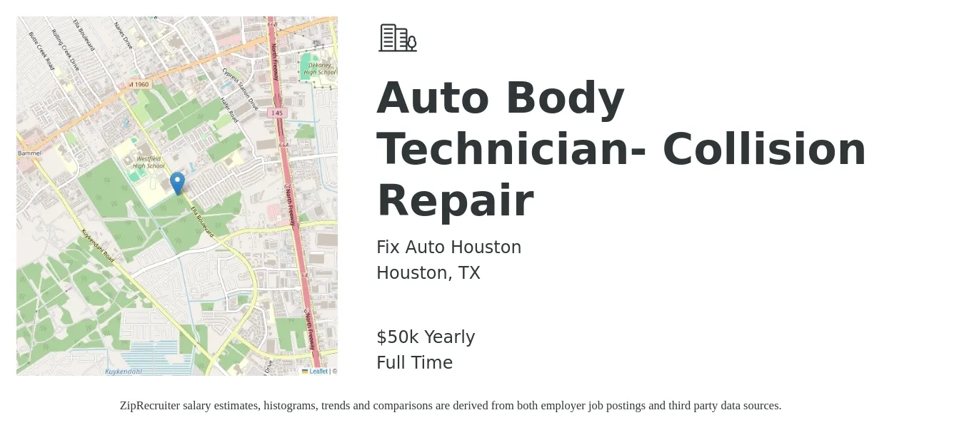 Fix Auto Houston job posting for a Auto Body Technician- Collision Repair in Houston, TX with a salary of $50,000 Yearly with a map of Houston location.