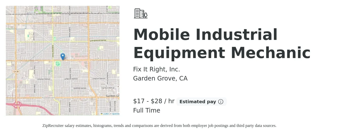 Fix It Right, Inc. job posting for a Mobile Industrial Equipment Mechanic in Garden Grove, CA with a salary of $18 to $30 Hourly with a map of Garden Grove location.