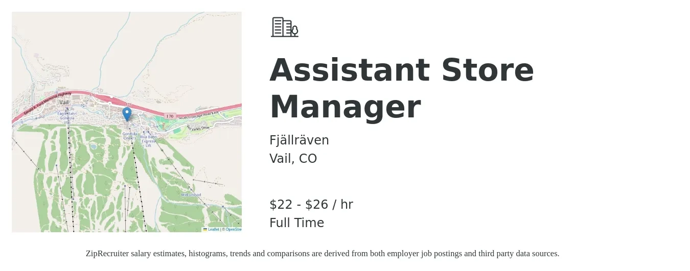 Fjällräven job posting for a Assistant Store Manager in Vail, CO with a salary of $24 to $28 Hourly with a map of Vail location.