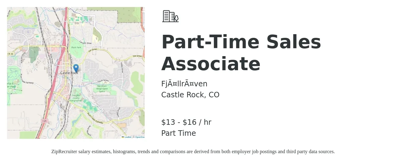Fjällräven job posting for a Part-Time Sales Associate in Castle Rock, CO with a salary of $14 to $17 Hourly with a map of Castle Rock location.