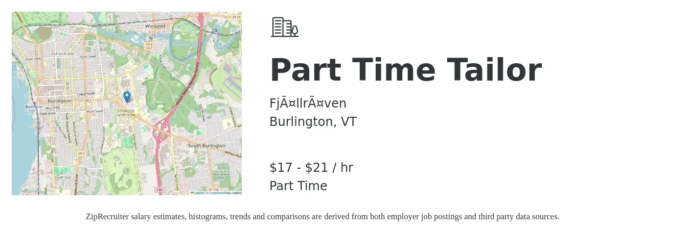 Fjällräven job posting for a Part Time Tailor in Burlington, VT with a salary of $18 to $22 Hourly with a map of Burlington location.