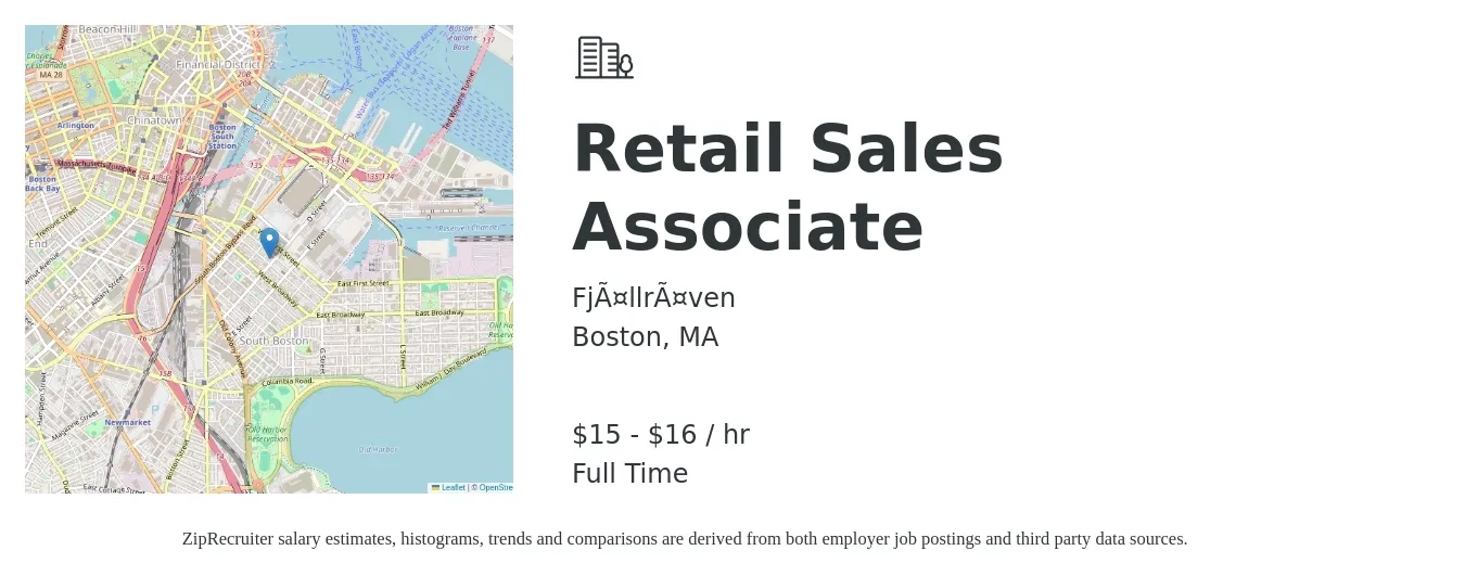 Fjällräven job posting for a Retail Sales Associate in Boston, MA with a salary of $16 to $18 Hourly with a map of Boston location.