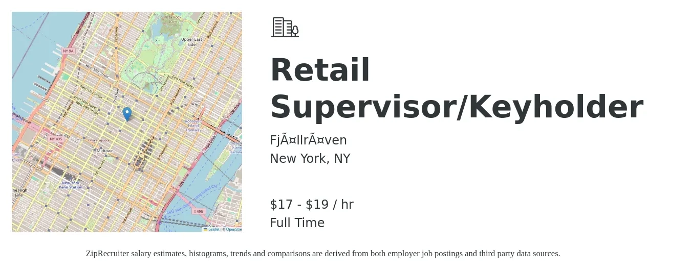 Fjällräven job posting for a Retail Supervisor / Key Holder in New York, NY with a salary of $18 to $20 Hourly with a map of New York location.
