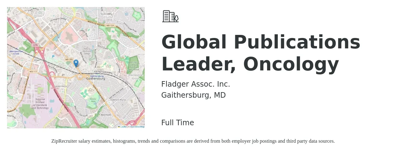 Fladger Assoc. Inc. job posting for a Global Publications Leader, Oncology in Gaithersburg, MD with a salary of $137,200 to $206,400 Yearly with a map of Gaithersburg location.