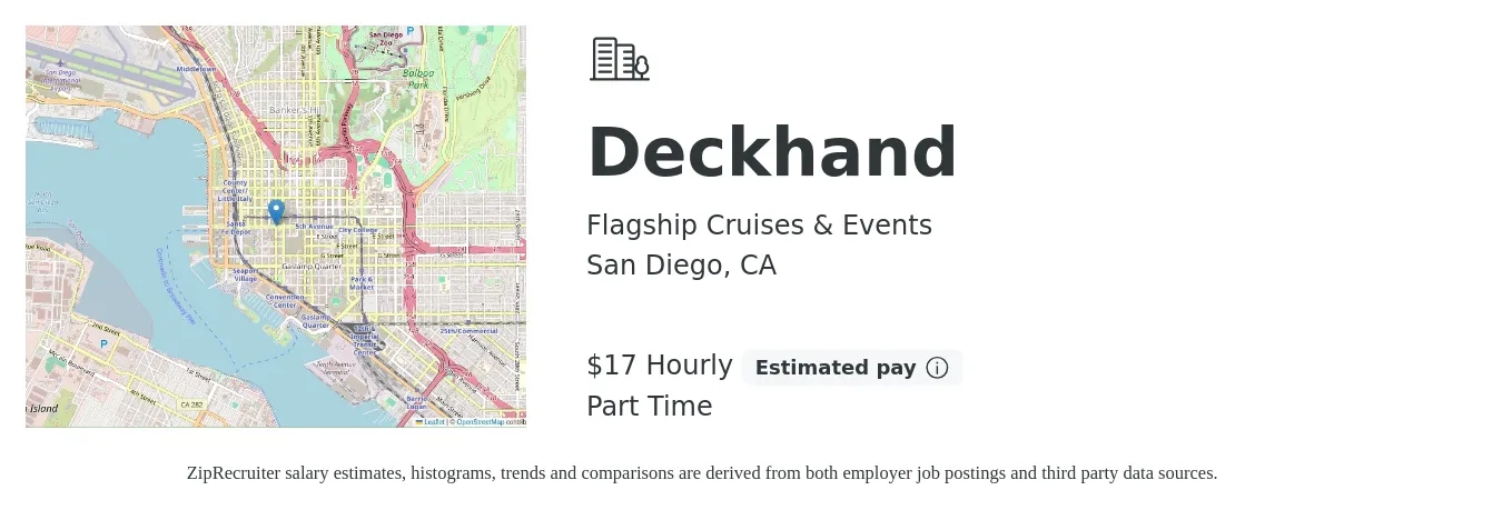 Flagship Cruises & Events job posting for a Deckhand in San Diego, CA with a salary of $18 Hourly with a map of San Diego location.