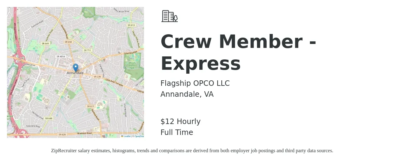Flagship OPCO LLC job posting for a Crew Member - Express in Annandale, VA with a salary of $13 Hourly with a map of Annandale location.