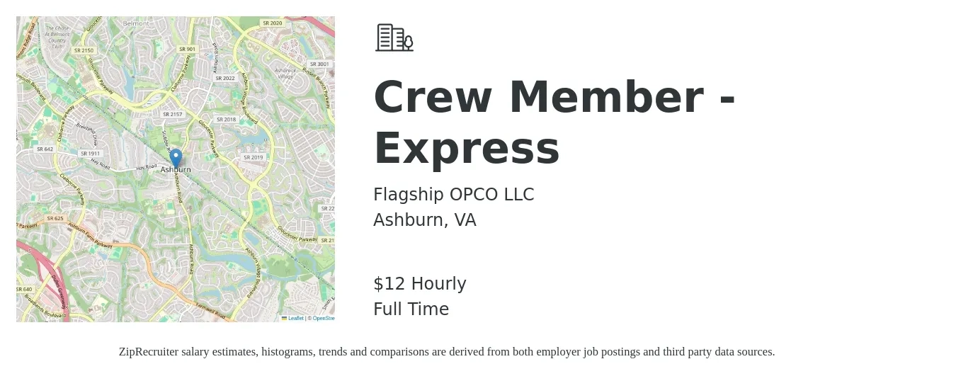 Flagship OPCO LLC job posting for a Crew Member - Express in Ashburn, VA with a salary of $13 Hourly with a map of Ashburn location.