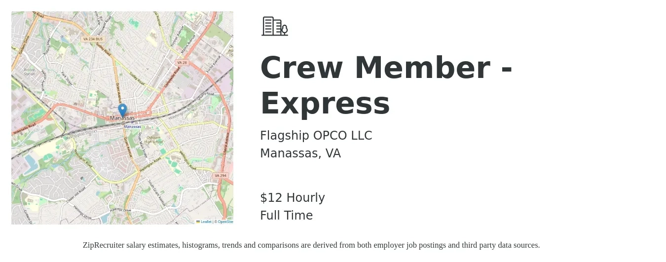 Flagship OPCO LLC job posting for a Crew Member - Express in Manassas, VA with a salary of $13 Hourly with a map of Manassas location.