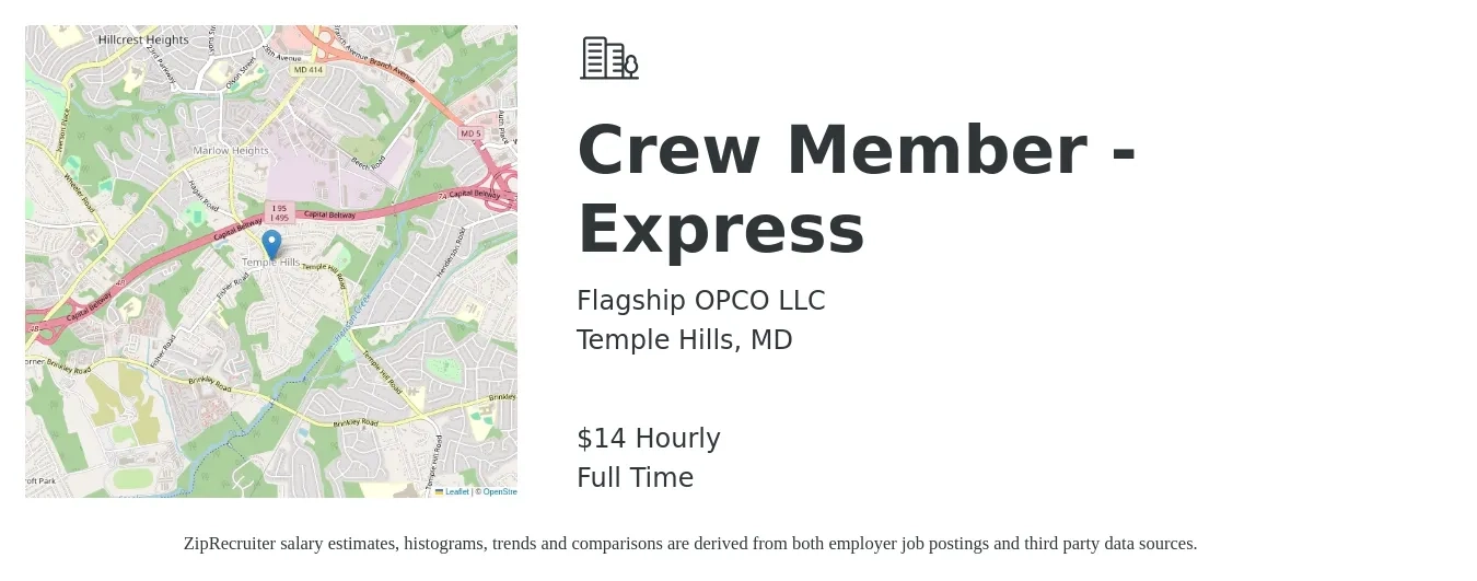 Flagship OPCO LLC job posting for a Crew Member - Express in Temple Hills, MD with a salary of $15 Hourly with a map of Temple Hills location.