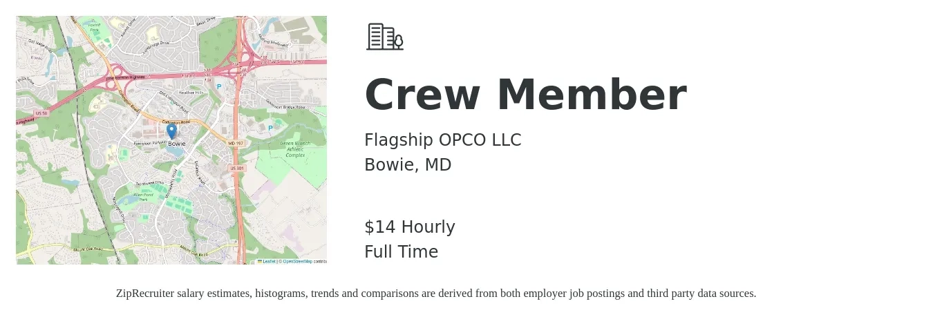 Flagship OPCO LLC job posting for a Crew Member in Bowie, MD with a salary of $15 Hourly with a map of Bowie location.