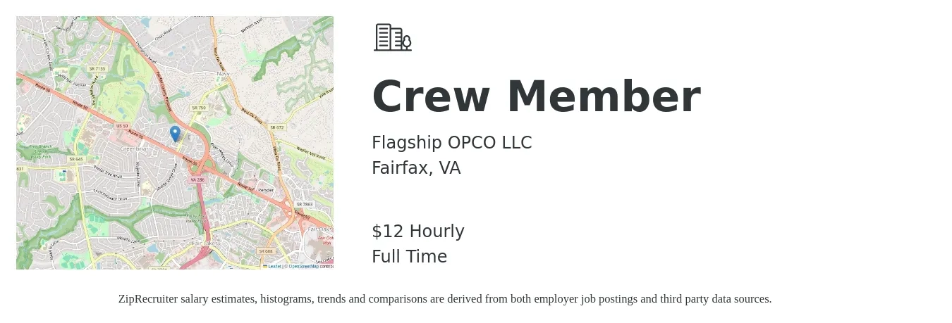 Flagship OPCO LLC job posting for a Crew Member in Fairfax, VA with a salary of $13 Hourly with a map of Fairfax location.
