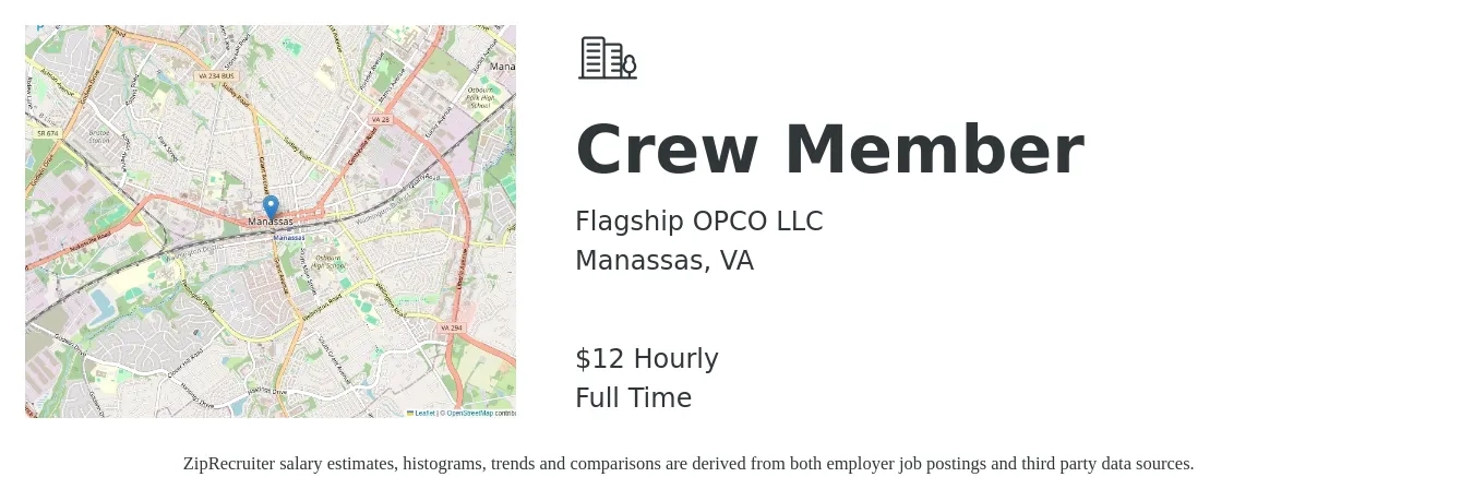 Flagship OPCO LLC job posting for a Crew Member in Manassas, VA with a salary of $13 Hourly with a map of Manassas location.