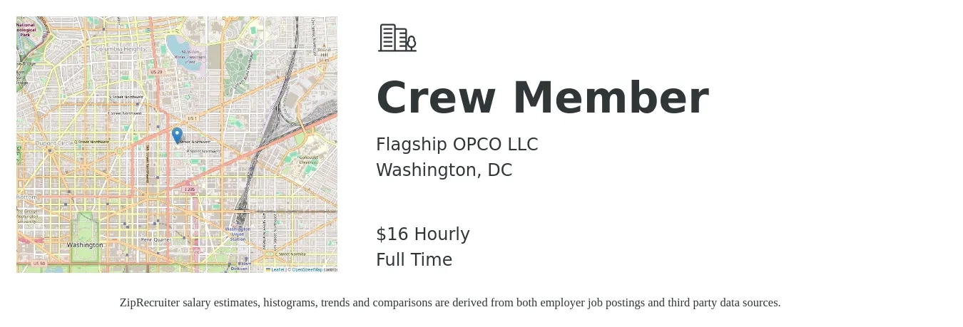 Flagship OPCO LLC job posting for a Crew Member in Washington, DC with a salary of $17 Hourly with a map of Washington location.
