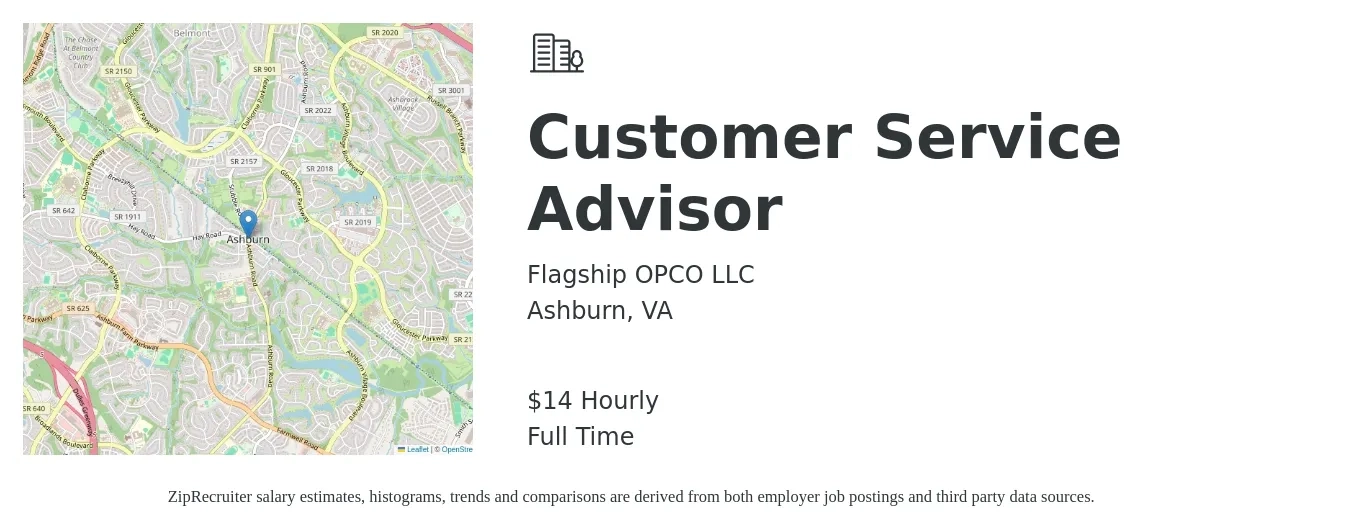 Flagship OPCO LLC job posting for a Customer Service Advisor in Ashburn, VA with a salary of $15 Hourly with a map of Ashburn location.