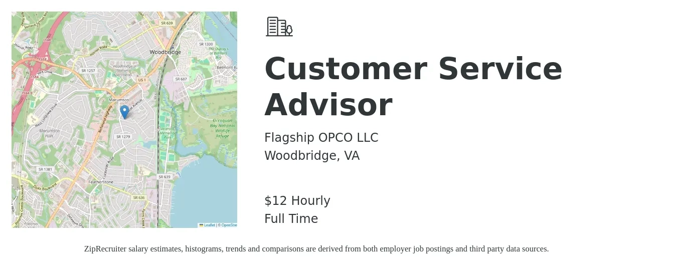 Flagship OPCO LLC job posting for a Customer Service Advisor in Woodbridge, VA with a salary of $15 Hourly with a map of Woodbridge location.
