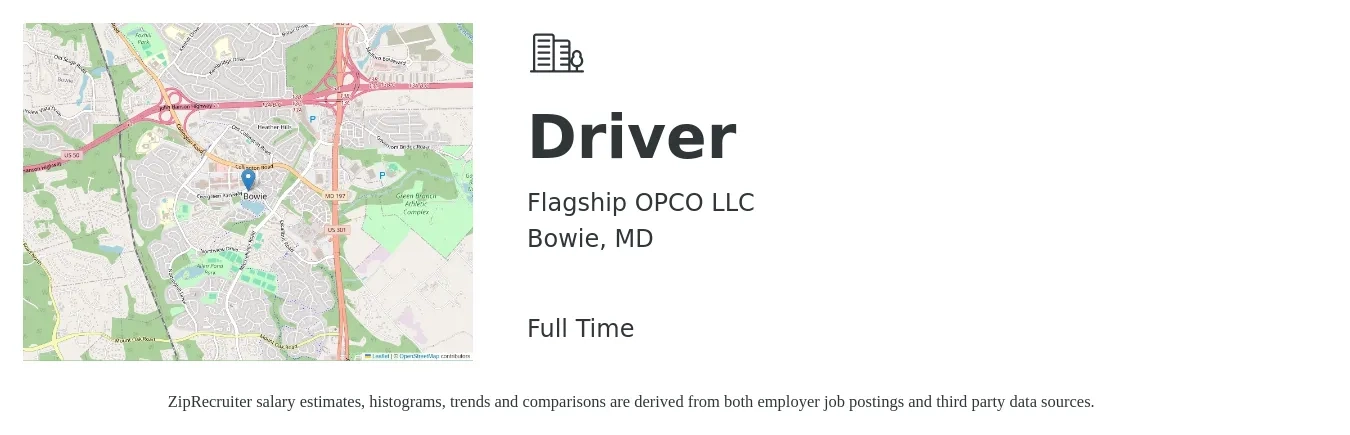 Flagship OPCO LLC job posting for a Driver in Bowie, MD with a salary of $12 to $16 Hourly with a map of Bowie location.