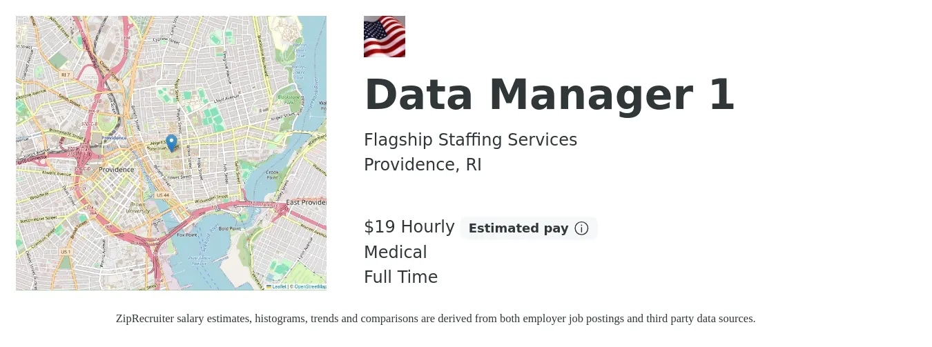 Flagship Staffing Services job posting for a Data Manager 1 in Providence, RI with a salary of $20 Hourly and benefits including medical with a map of Providence location.