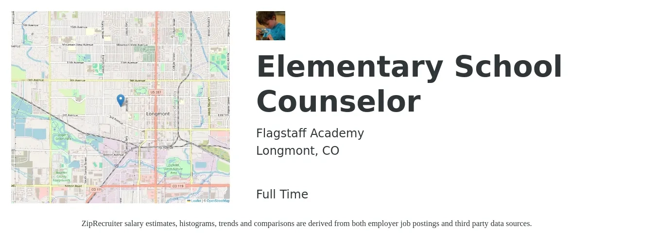 Flagstaff Academy job posting for a Elementary School Counselor in Longmont, CO with a salary of $50,400 to $68,700 Yearly with a map of Longmont location.