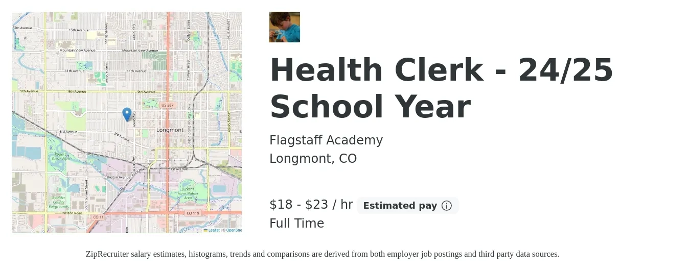 Flagstaff Academy job posting for a Health Clerk - 24/25 School Year in Longmont, CO with a salary of $19 to $24 Hourly with a map of Longmont location.