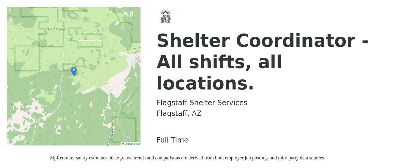 Flagstaff Shelter Services job posting for a Shelter Coordinator - All shifts, all locations. in Flagstaff, AZ with a salary of $18 Hourly with a map of Flagstaff location.