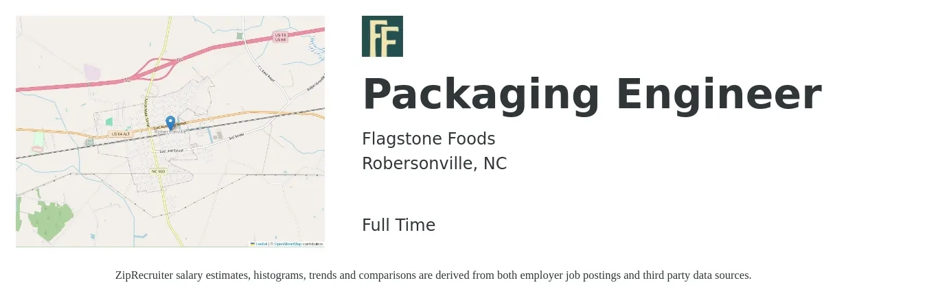 Flagstone Foods job posting for a Packaging Engineer in Robersonville, NC with a salary of $32 to $48 Hourly with a map of Robersonville location.