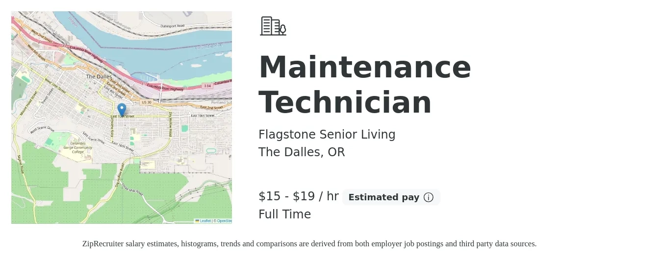 Flagstone Senior Living job posting for a Maintenance Technician in The Dalles, OR with a salary of $16 to $20 Hourly with a map of The Dalles location.