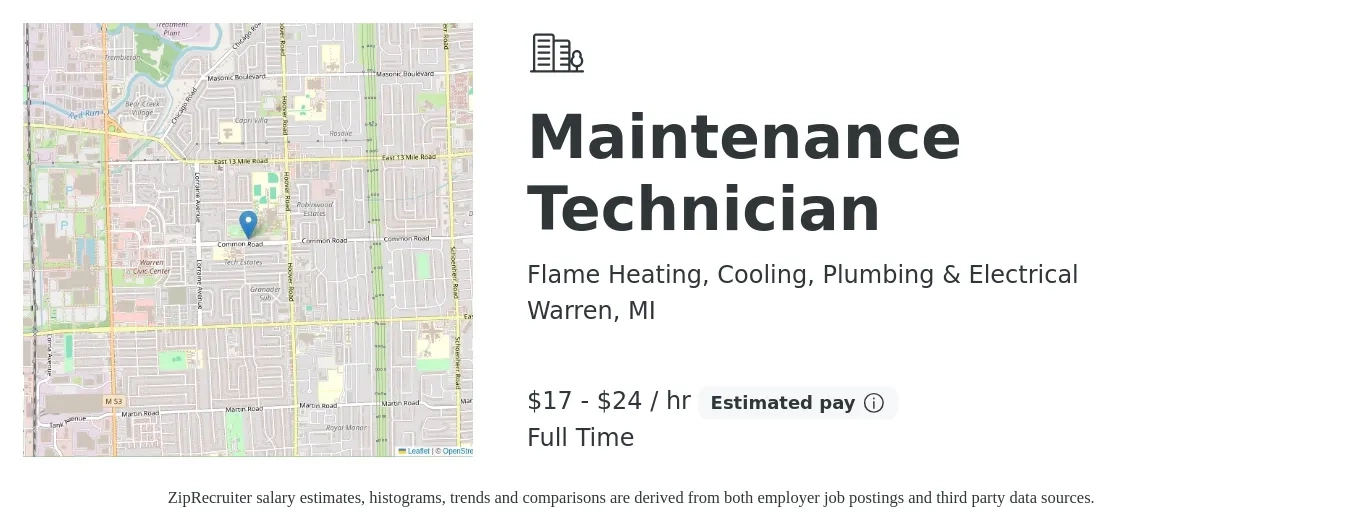 Flame Heating, Cooling, Plumbing & Electrical job posting for a Maintenance Technician in Warren, MI with a salary of $18 to $25 Hourly with a map of Warren location.