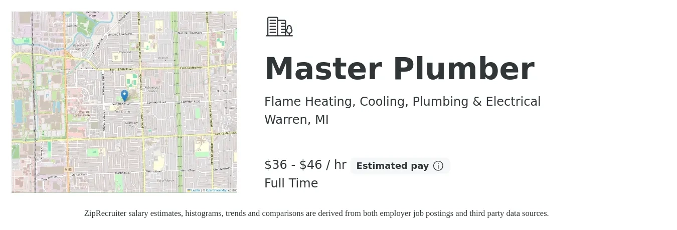 Flame Heating, Cooling, Plumbing & Electrical job posting for a Master Plumber in Warren, MI with a salary of $38 to $48 Hourly with a map of Warren location.