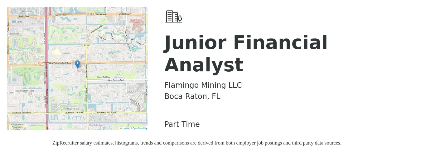 Flamingo Mining LLC job posting for a Junior Financial Analyst in Boca Raton, FL with a salary of $2,000 Monthly with a map of Boca Raton location.