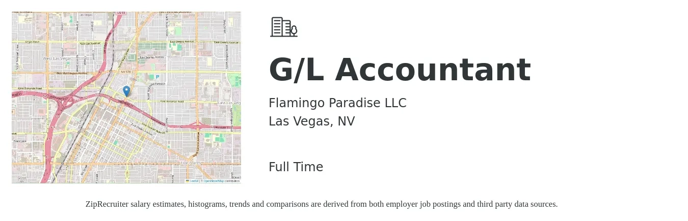 Flamingo Paradise LLC job posting for a G/L Accountant in Las Vegas, NV with a salary of $51,800 to $71,000 Yearly with a map of Las Vegas location.