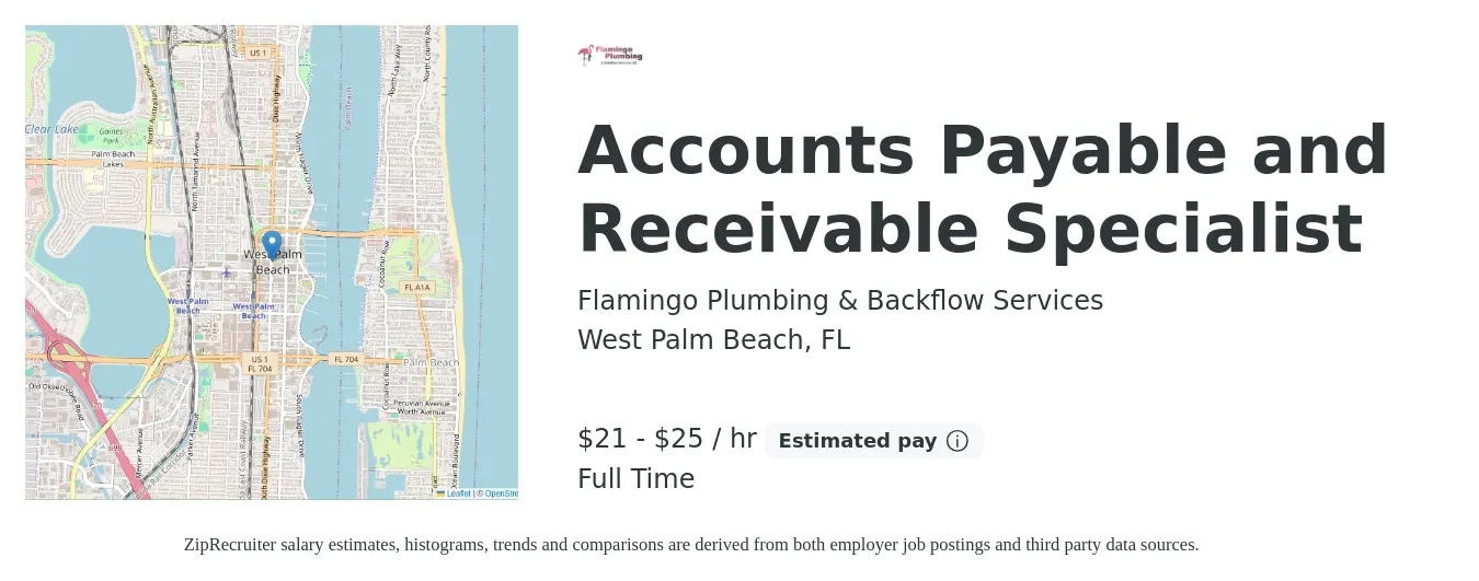 Flamingo Plumbing & Backflow Services job posting for a Accounts Payable and Receivable Specialist in West Palm Beach, FL with a salary of $22 to $27 Hourly with a map of West Palm Beach location.