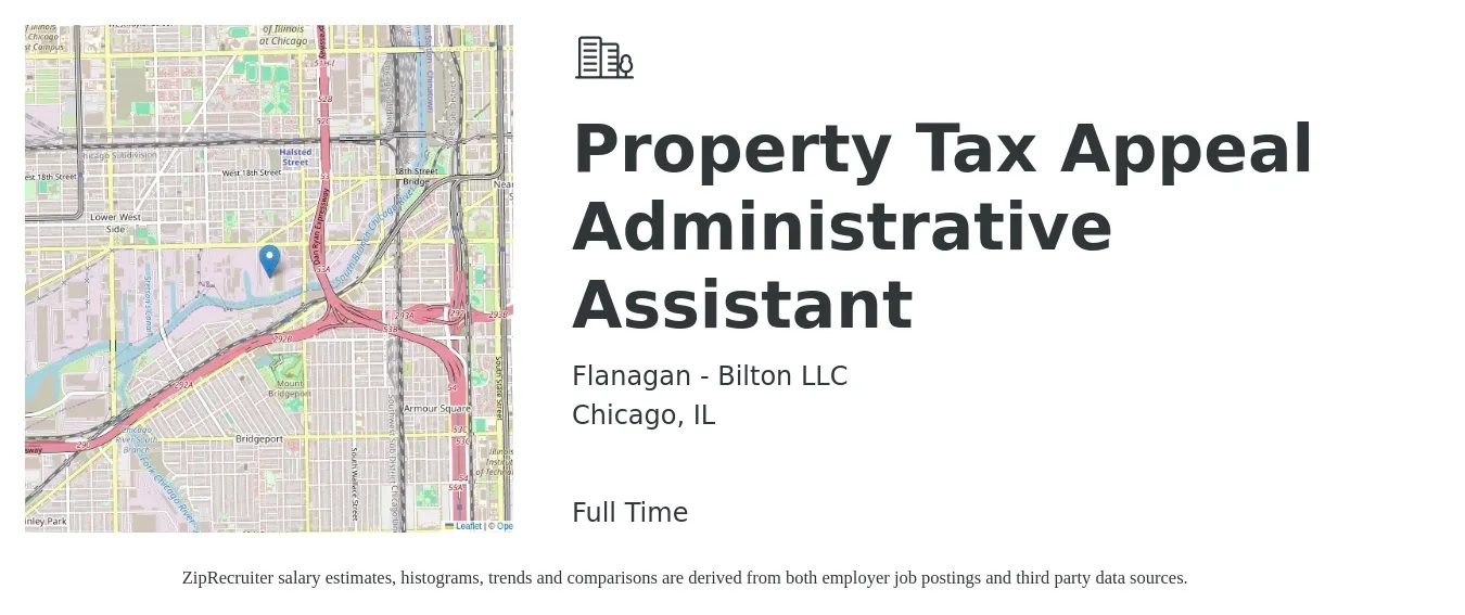 Flanagan - Bilton LLC job posting for a Property Tax Appeal Administrative Assistant in Chicago, IL with a salary of $18 to $25 Hourly with a map of Chicago location.