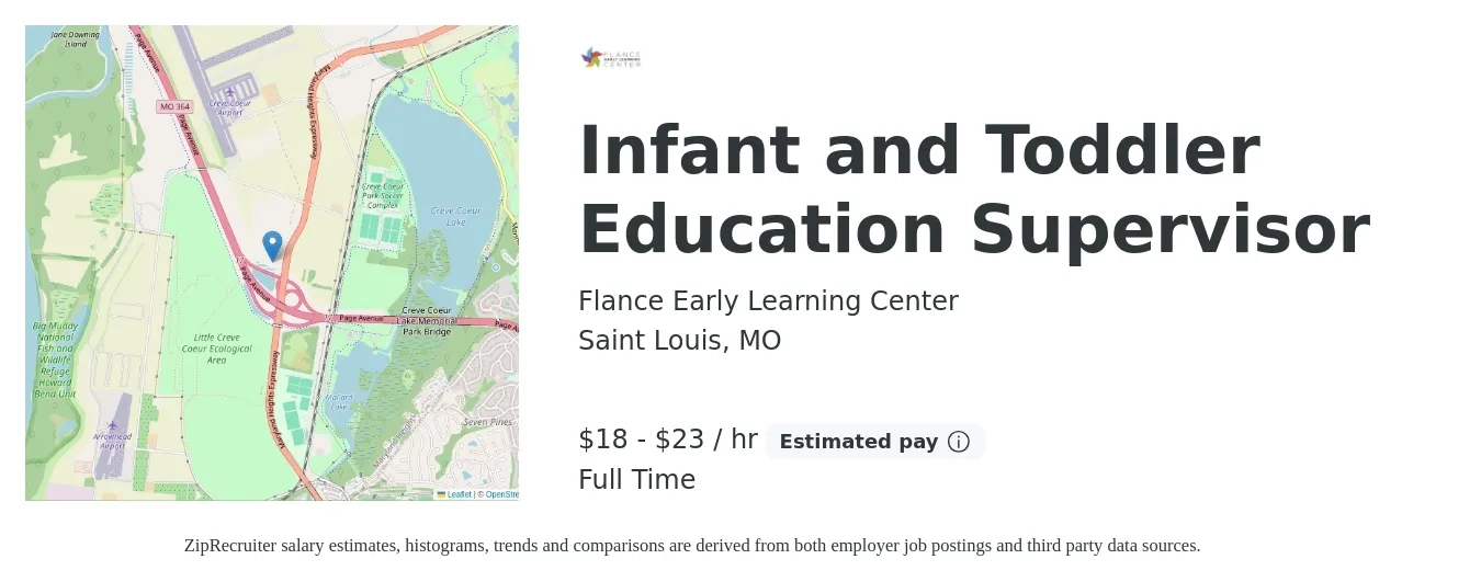 Flance Early Learning Center job posting for a Infant and Toddler Education Supervisor in Saint Louis, MO with a salary of $40,000 to $50,000 Yearly with a map of Saint Louis location.