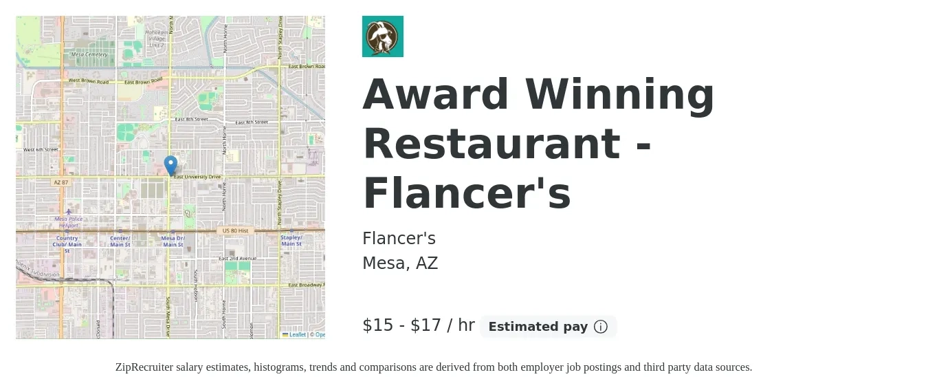 Flancer's job posting for a Award Winning Restaurant - Flancer's in Mesa, AZ with a salary of $16 to $18 Hourly with a map of Mesa location.