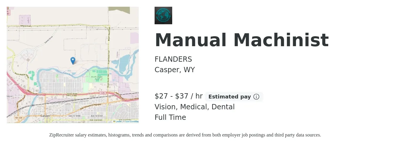 FLANDERS job posting for a Manual Machinist in Casper, WY with a salary of $29 to $39 Hourly and benefits including dental, life_insurance, medical, pto, retirement, and vision with a map of Casper location.