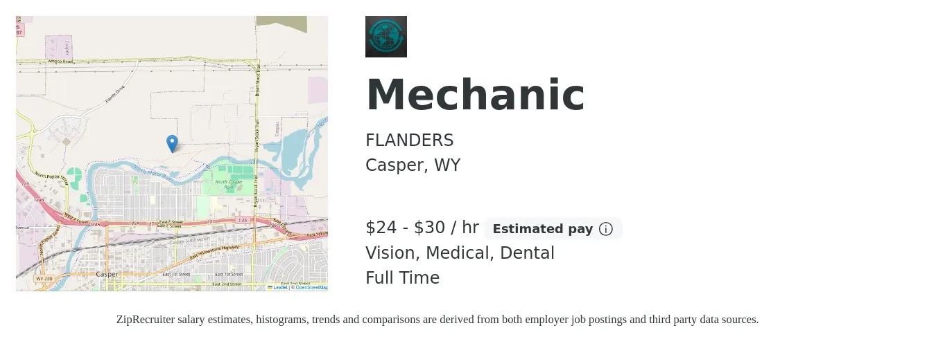 FLANDERS job posting for a Mechanic in Casper, WY with a salary of $25 to $32 Hourly and benefits including dental, life_insurance, medical, pto, retirement, and vision with a map of Casper location.