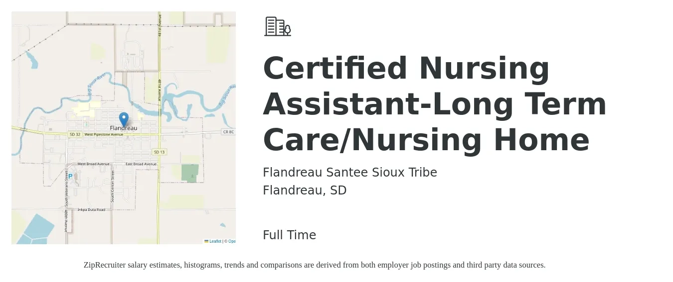 Flandreau Santee Sioux Tribe job posting for a Certified Nursing Assistant-Long Term Care/Nursing Home in Flandreau, SD with a salary of $16 to $23 Hourly with a map of Flandreau location.