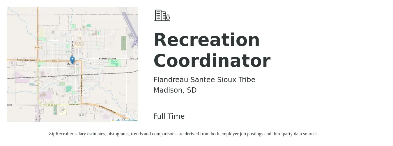Flandreau Santee Sioux Tribe job posting for a Recreation Coordinator in Madison, SD with a salary of $40,700 to $63,500 Yearly with a map of Madison location.