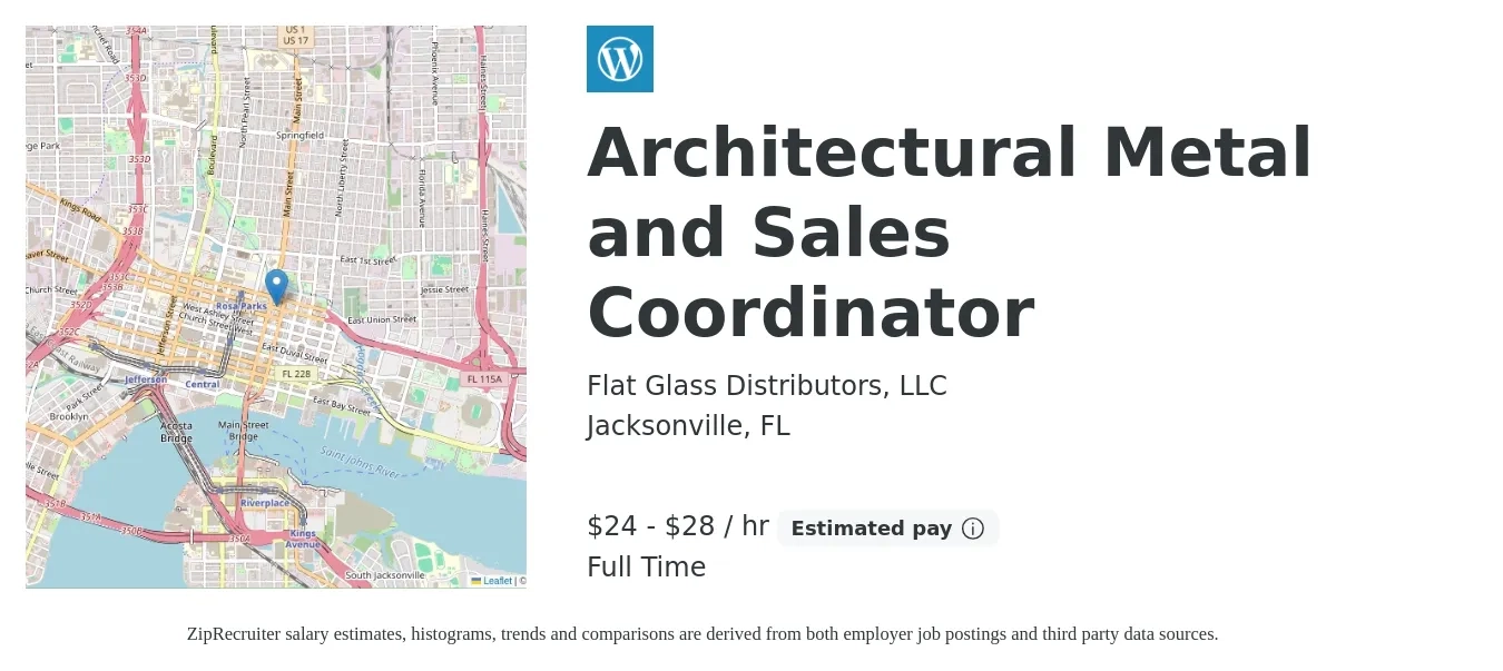 Flat Glass Distributors, LLC job posting for a Architectural Metal and Sales Coordinator in Jacksonville, FL with a salary of $25 to $30 Hourly with a map of Jacksonville location.