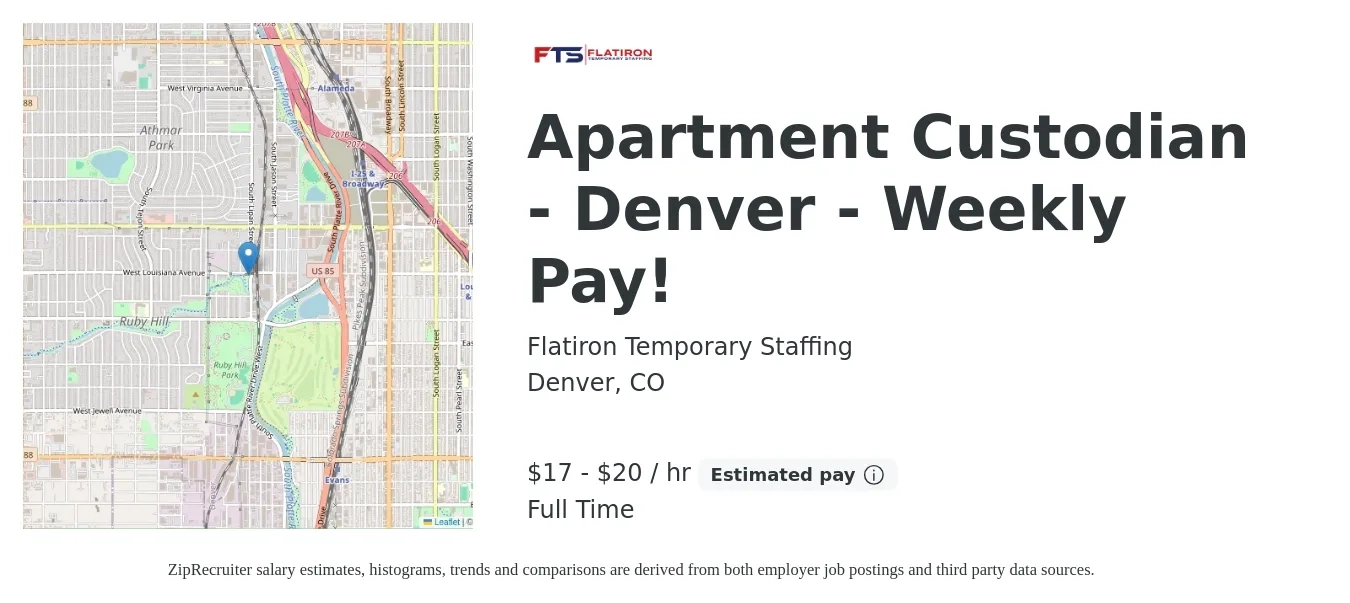 Flatiron Temporary Staffing job posting for a Apartment Custodian - Denver - Weekly Pay! in Denver, CO with a salary of $18 to $21 Hourly with a map of Denver location.